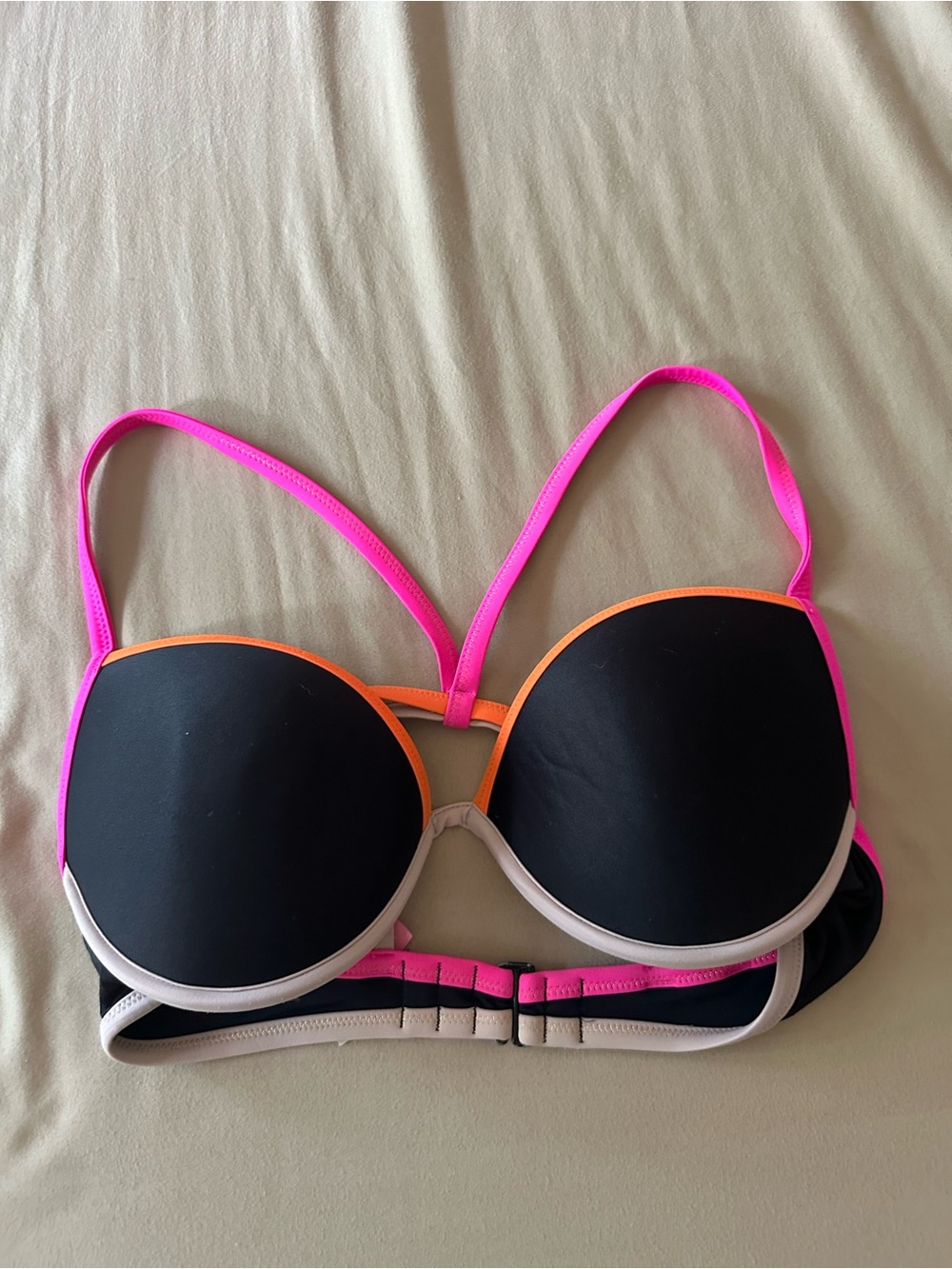 Victoria Secret Black Padded Swim Top with Pink & Orange Trim